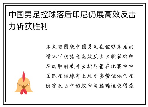 中国男足控球落后印尼仍展高效反击力斩获胜利 中国男足控球落后印尼仍展高效反击力斩获胜利