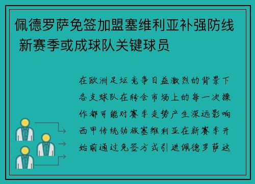 佩德罗萨免签加盟塞维利亚补强防线 新赛季或成球队关键球员