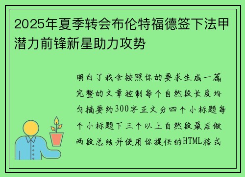 2025年夏季转会布伦特福德签下法甲潜力前锋新星助力攻势