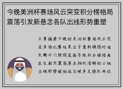 今晚美洲杯赛场风云突变积分榜格局震荡引发新悬念各队出线形势重塑